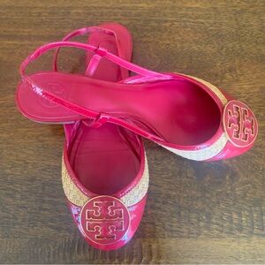 Tory Burch Hot Pink Patent Leather and Raffia Ballet Flat Slingback.  Like new!